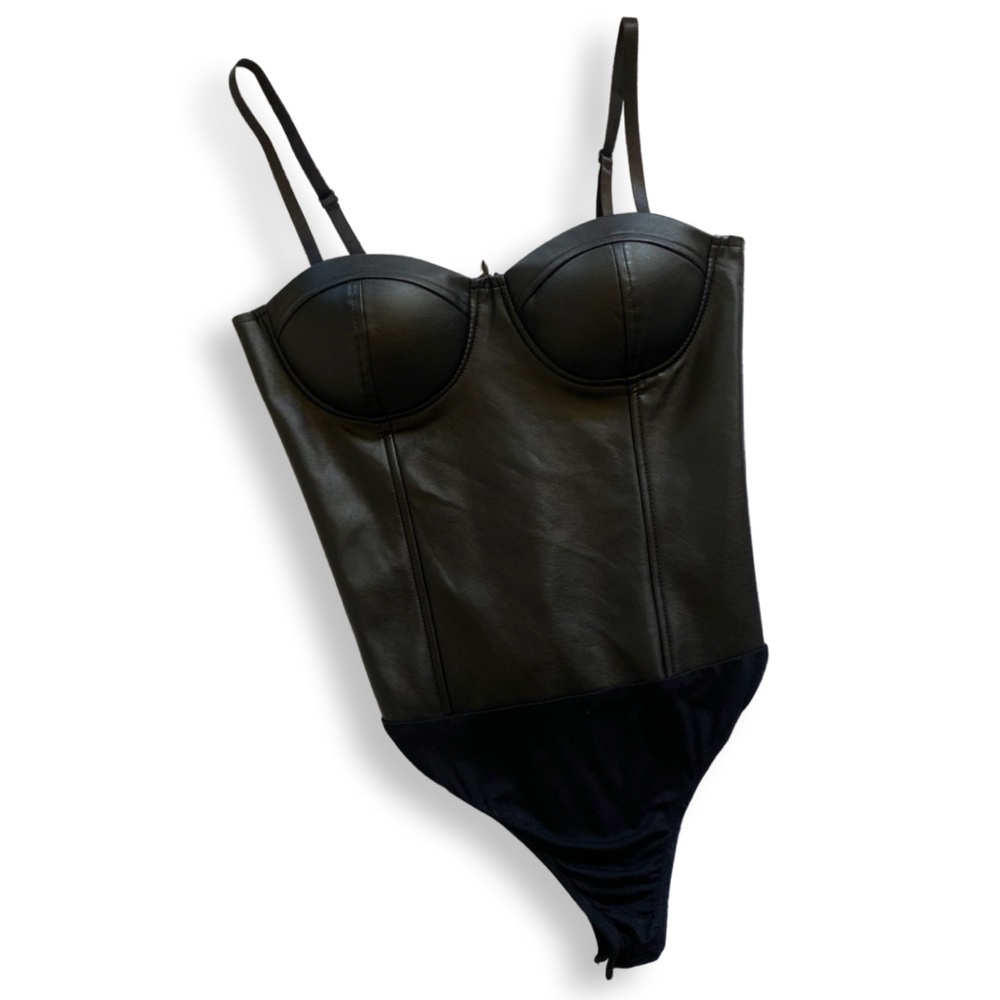 Say What Black Faux Leather Bodysuit Size M